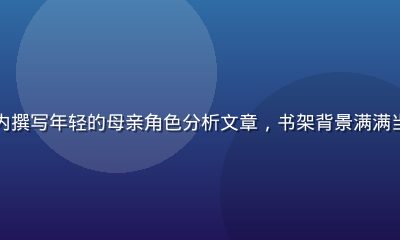 影视评论家在书房内撰写年轻的母亲角色分析文章，书架背景满满当当，专业学术氛围