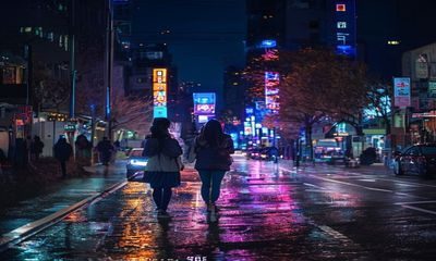 韩国首尔街头夜景，霓虹灯光映照在湿润路面，年轻的母亲取景地之一，都市情感氛围浓郁